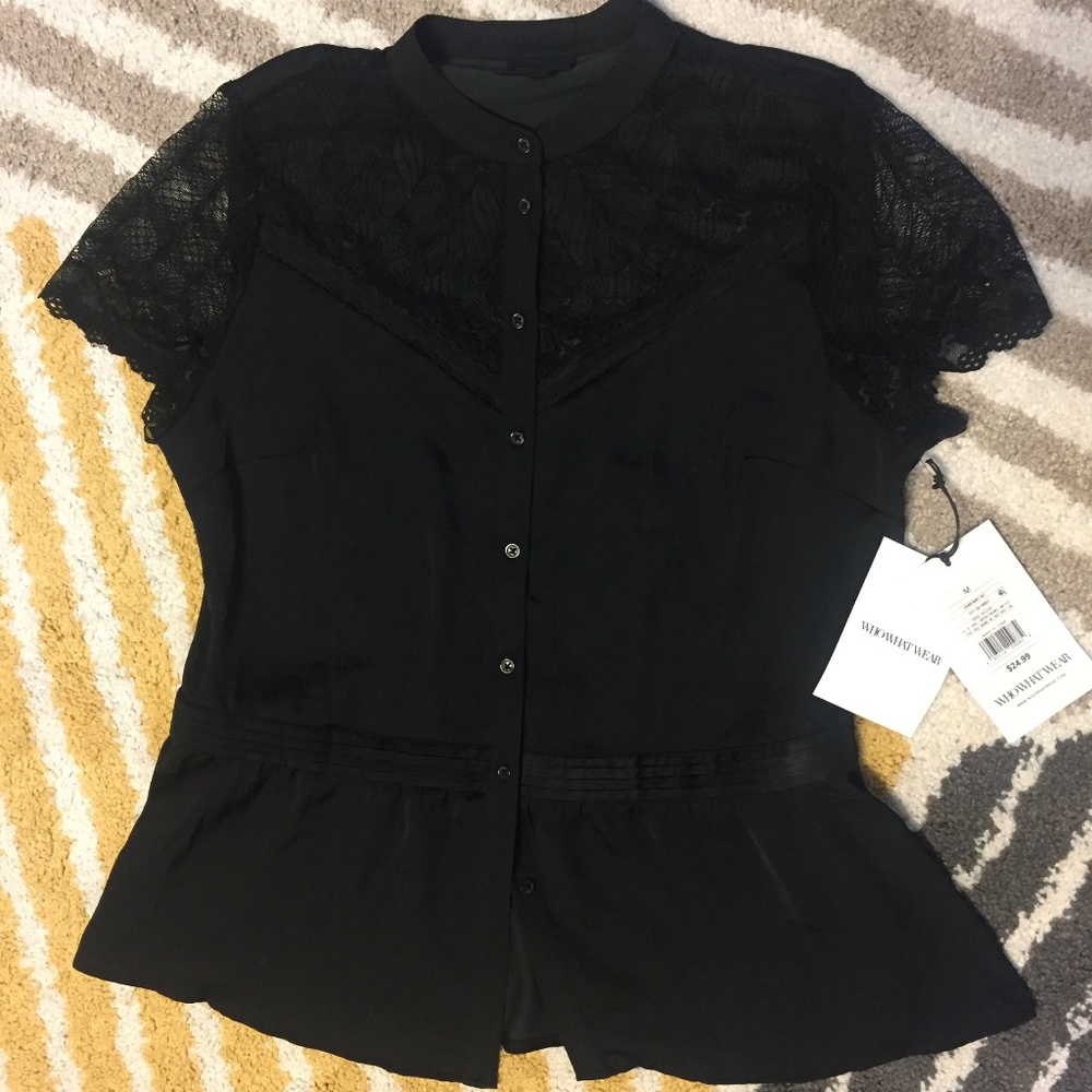 Black Blouse, Button Down, Lace Detailed Top